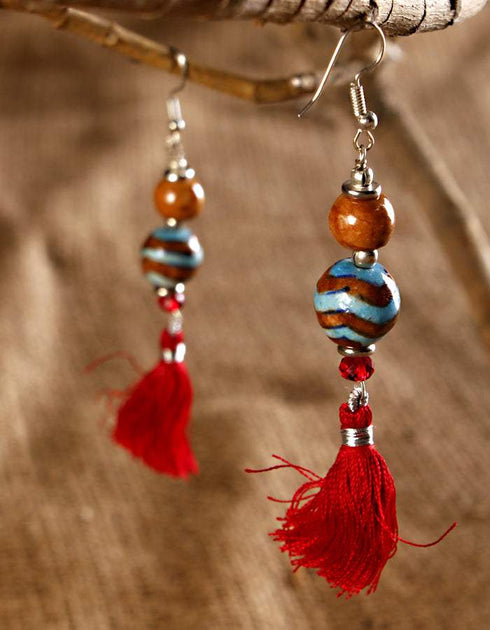 Blue Pottery 2 Beads Earrings With Tassels (Striped Brown & Turq)